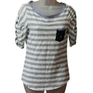 Post Mark Anthropologie Striped & Floral Pocket Runched Sleeve Tshirt Small